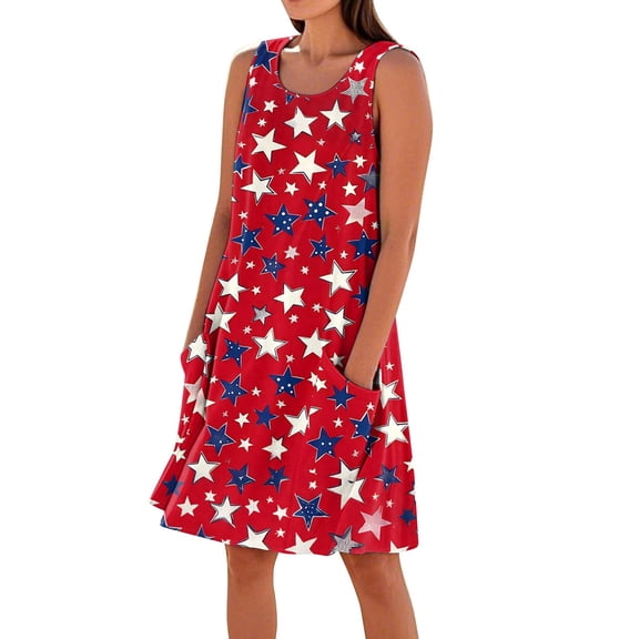 Women's Elastic Waist Sundress, Sleeveless Round Neck Summer Casual Dress with Independence Day Design, Comfortable Holiday Outfit,Red XL