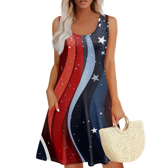 Women's Elastic Waist Sundress, Sleeveless Summer Casual Dress with Square Neck and Patriotic Print, Stylish Holiday Wear,Dark Blue L