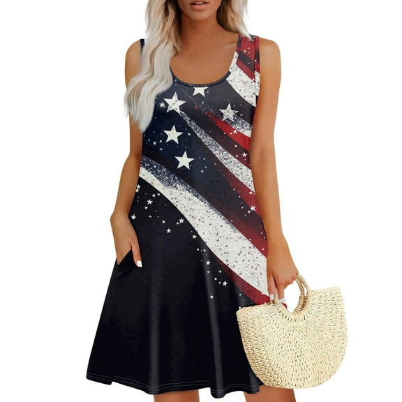 Women's Elastic Waist Sundress, Sleeveless Summer Casual Dress with Square Neck and Patriotic Print, Stylish Holiday Wear,Light Blue S