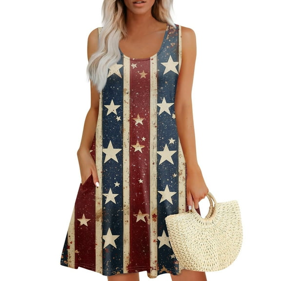 Women's Elastic Waist Sundress, Sleeveless Summer Casual Dress with Square Neck and Patriotic Print, Stylish Holiday Wear,Red M