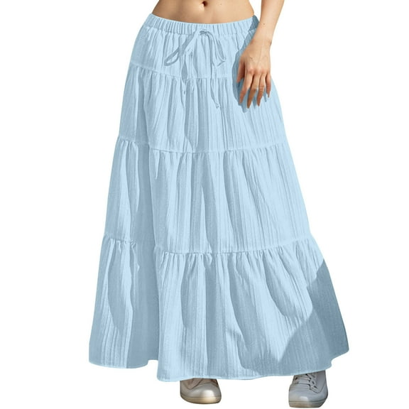 Women's Elastic Waist Tie Belt A-Line Skirt - Loose Fit Casual Polyester Skirt - S-XXL