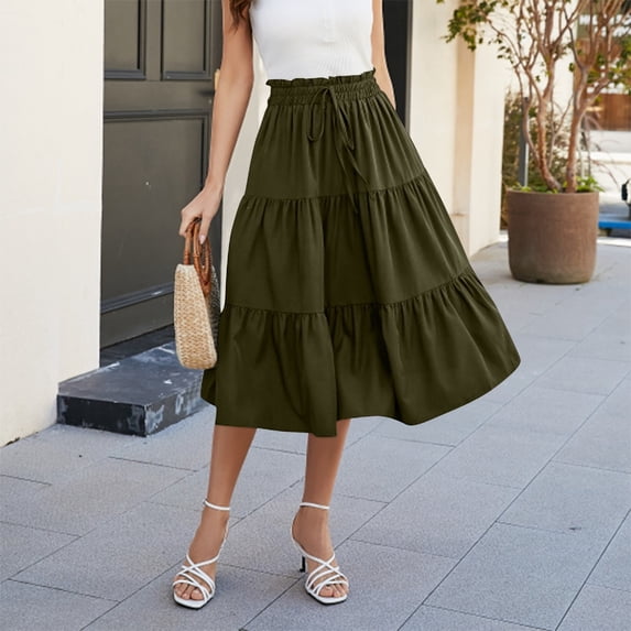 Women's Elastic Waist Tiered Midi Skirt Drawstring High Waist Ruffle Flowy A Line Skirt Army Green M