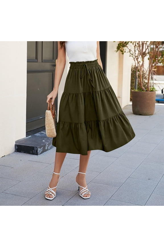 Women's Elastic Waist Tiered Midi Skirt Drawstring High Waist Ruffle Flowy A Line Skirt Army Green XL