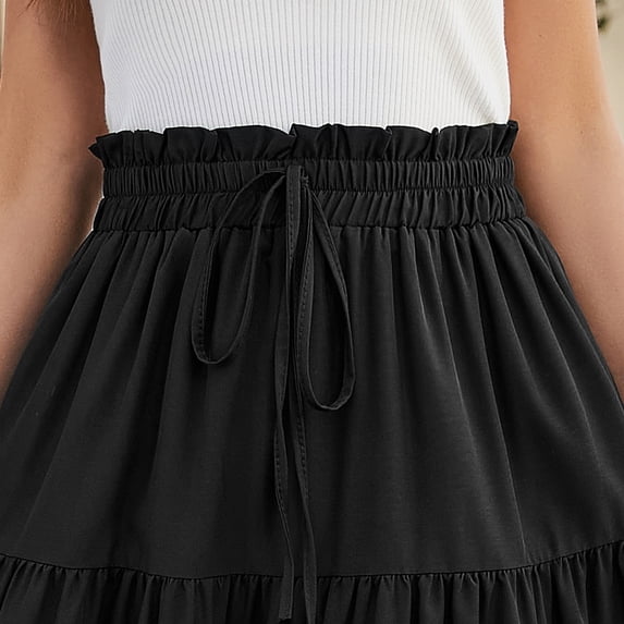 Women's Elastic Waist Tiered Midi Skirt Drawstring High Waist Ruffle Flowy A Line Skirt Black S