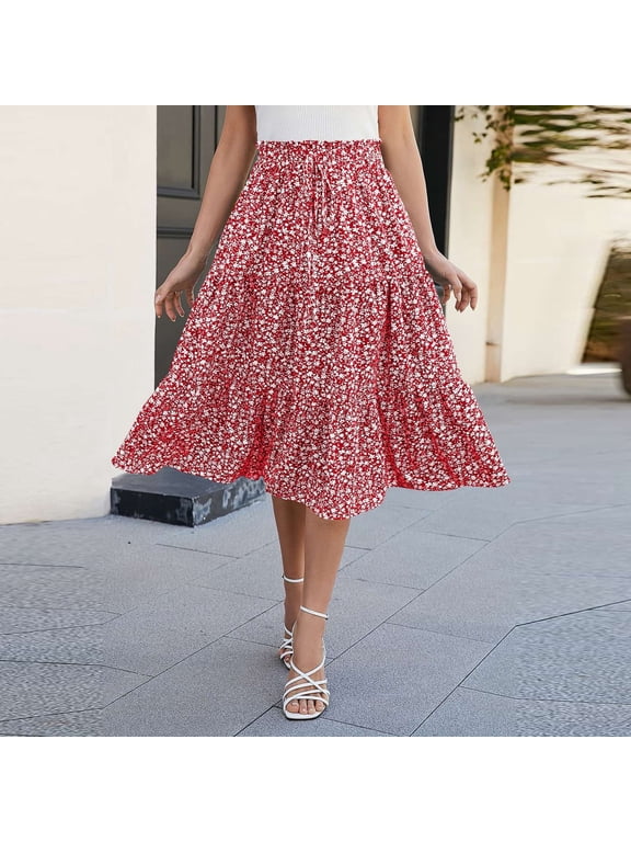 Women's Elastic Waist Tiered Midi Skirt Drawstring High Waist Ruffle Flowy A Line Skirt Red M