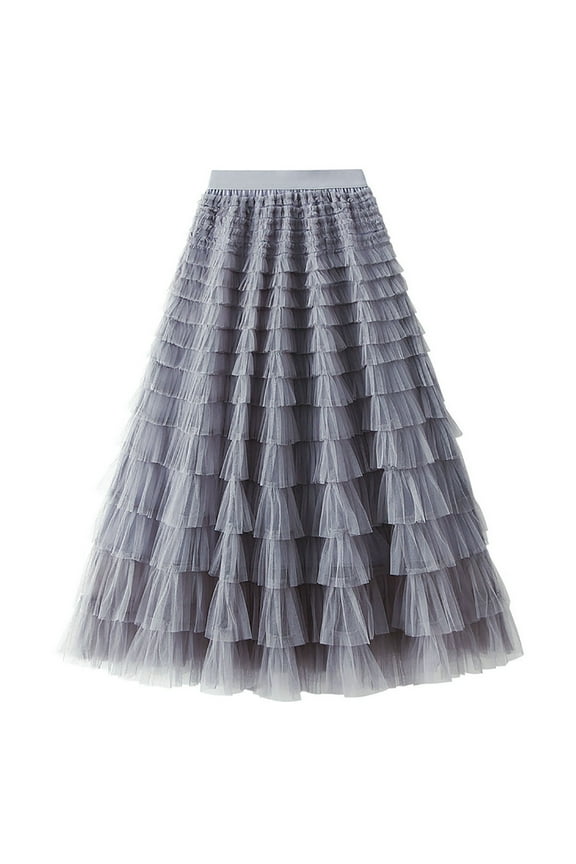 Women's Elastic Waist Tulle Multi Layered Princess Cake Dress Sweet Tutu Skirt Ruffles Mesh Long Tiered Skirt