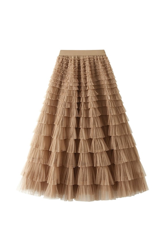 Women's Elastic Waist Tulle Multi Layered Princess Cake Dress Sweet Tutu Skirt Ruffles Mesh Long Tiered Skirt