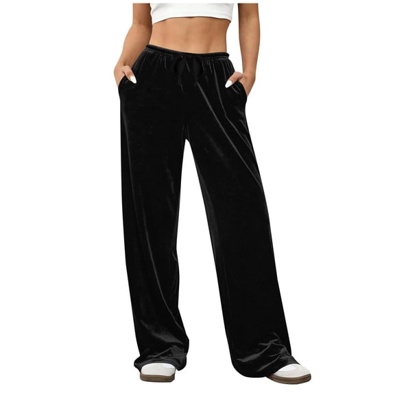 Women's Elastic Waist Velour Wide Leg Pants Long Palazzo Bell Bottom Casual Velvet Flare Jogger with Pockets Black