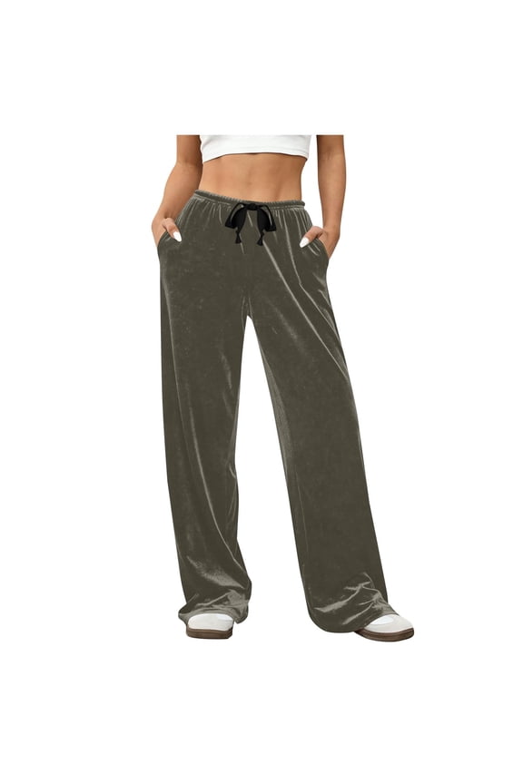 Women's Elastic Waist Velour Wide Leg Pants Long Palazzo Bell Bottom Casual Velvet Flare Jogger with Pockets Gray