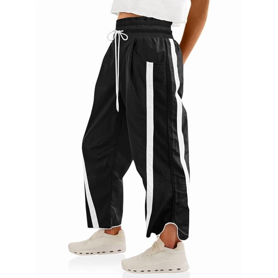Women's Elastic Waist Wide Leg Baggy Drawstring Waisted Contrast Color Workout Track Pants for Casual Work Black S