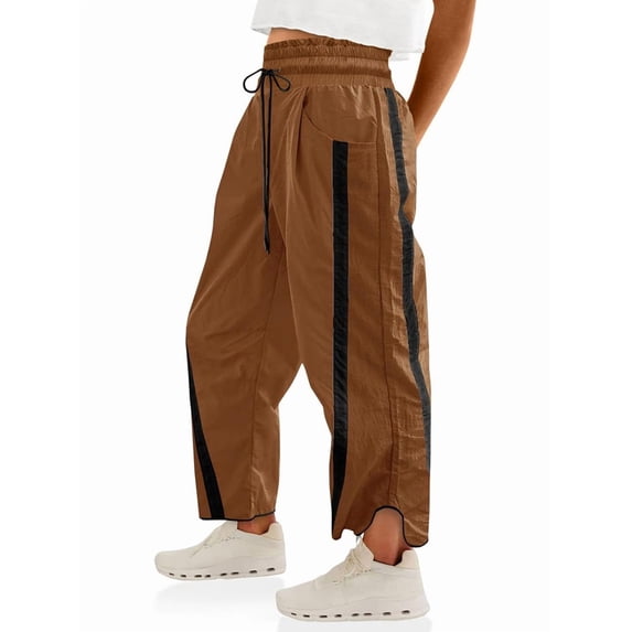 Women's Elastic Waist Wide Leg Baggy Drawstring Waisted Contrast Color Workout Track Pants for Casual Work Light Brown XXL