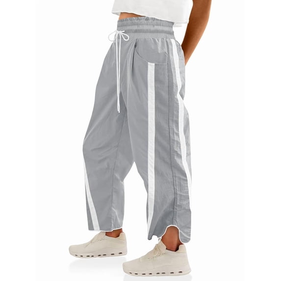 Women's Elastic Waist Wide Leg Baggy Drawstring Waisted Contrast Color Workout Track Pants for Casual Work Light Gray XL