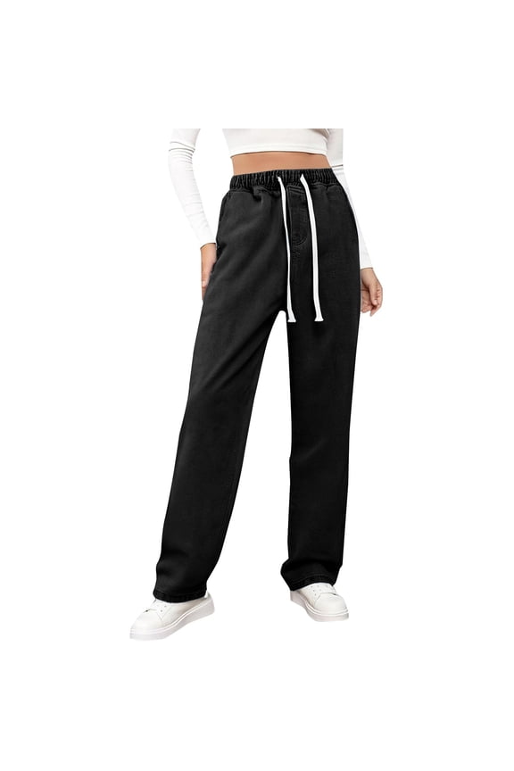 Women's Elastic Waist Wide Leg Jeans, Drawstring Straight Leg Denim Pants, Comfortable Loose Fit Trousers, Casual Fashion Bottoms, Versatile Everyday Wear, Classic Style Jeans Black XXL