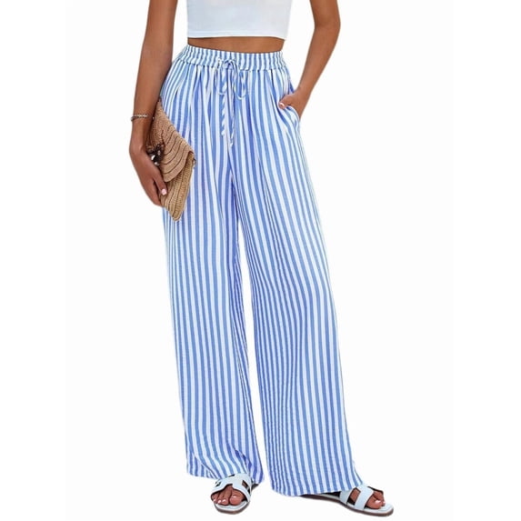 Women's Elastic Waist Wide Leg Light Weight Woman Palazzo Pants for Casual Lounge Blue S