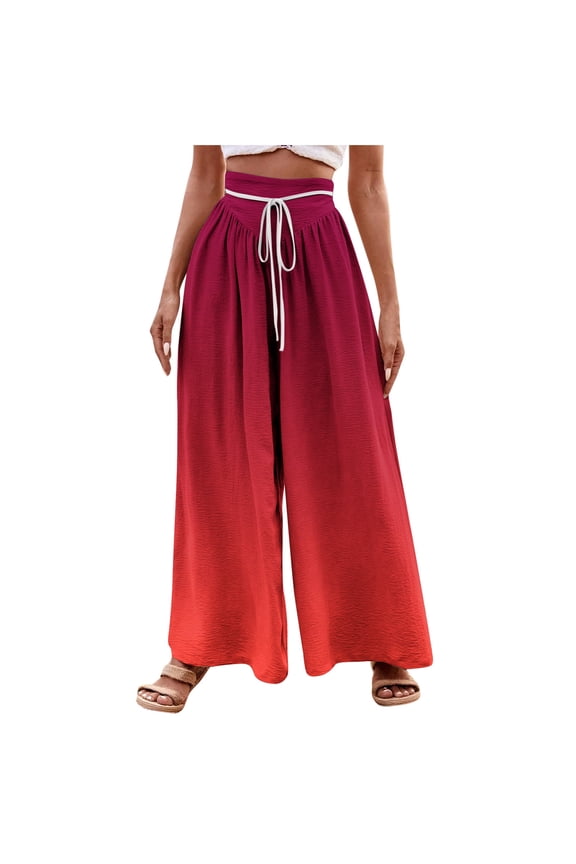 Women's Elastic Waist Wide Leg Linen Pants Summer Casual Pants Plus Size Loose Fit Flowy Palazzo Pants High Waisted Flowy Pockets Trendy Casual Lounge Boho Beach Trousers with Pockets