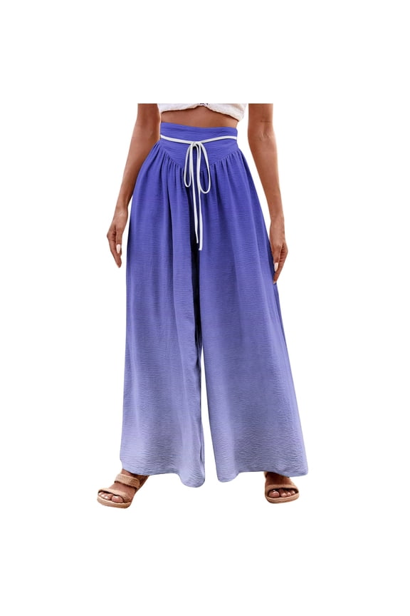 Women's Elastic Waist Wide Leg Linen Pants Summer Casual Pants Plus Size Loose Fit Flowy Palazzo Pants High Waisted Flowy Pockets Trendy Casual Lounge Boho Beach Trousers with Pockets
