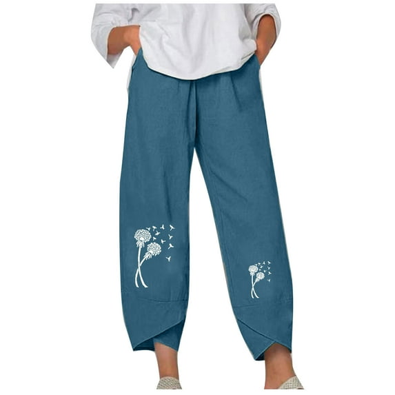 Women's Elastic Waist Wide Leg Pants Cute Graphic Printed Tulip Hem Cotton Linen Pant with Pockets Winter Loose-Fit Casual Trousers