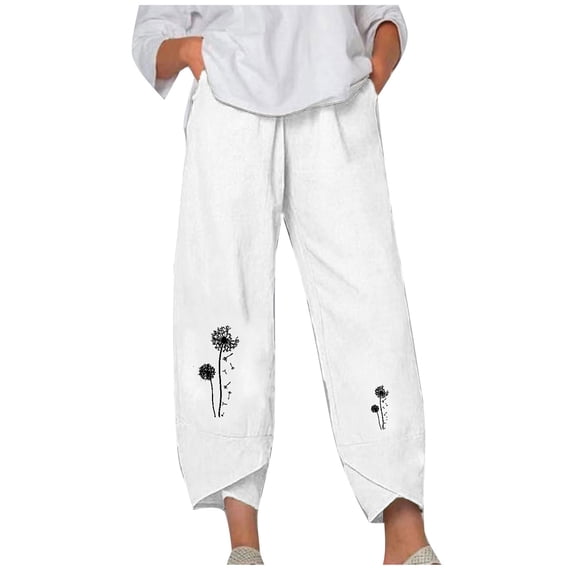 Women's Elastic Waist Wide Leg Pants Cute Graphic Printed Tulip Hem Cotton Linen Pant with Pockets Winter Loose-Fit Casual Trousers