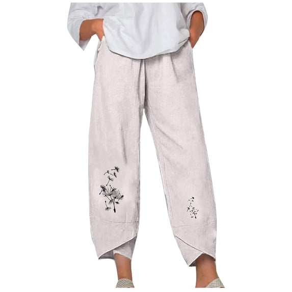 Women's Elastic Waist Wide Leg Pants Cute Graphic Printed Tulip Hem Cotton Linen Pant with Pockets Winter Loose-Fit Casual Trousers