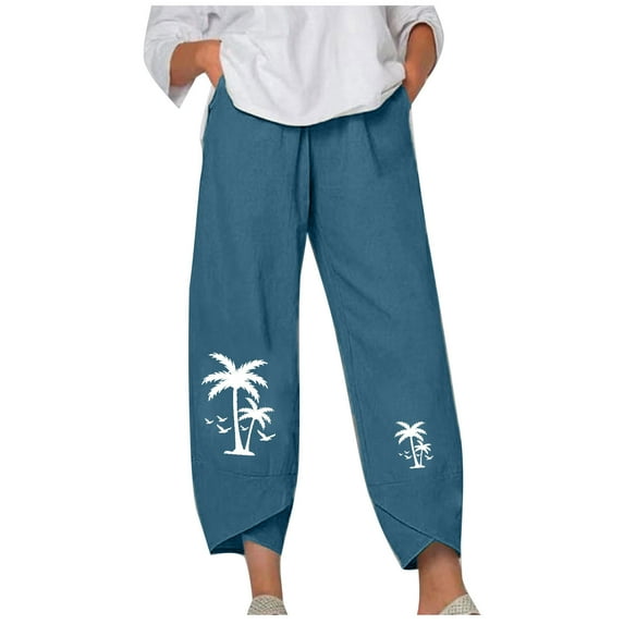 Women's Elastic Waist Wide Leg Pants Cute Graphic Printed Tulip Hem Cotton Linen Pant with Pockets Winter Loose-Fit Casual Trousers