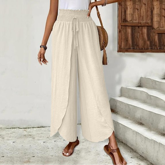 Women's Elastic Waist Wide Leg Pants, Irregular Hem Solid Color Loose Straight Leg Casual Trousers, Fashionable and Unique Design for Daily,Beige,S