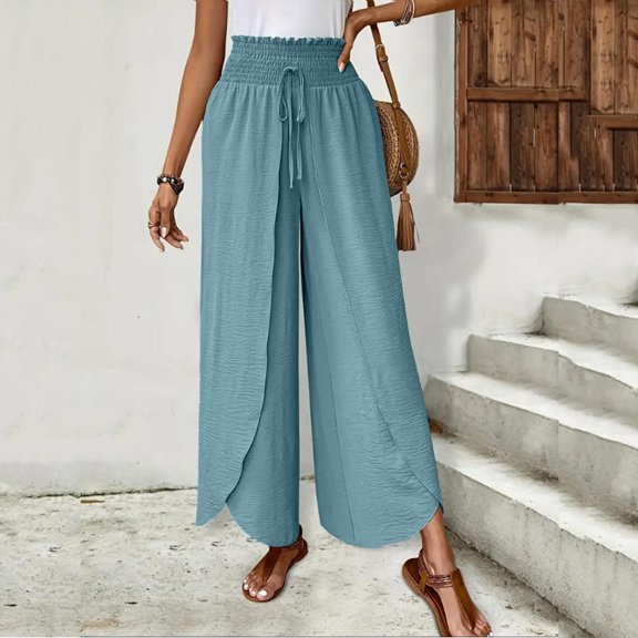 Women's Elastic Waist Wide Leg Pants, Irregular Hem Solid Color Loose Straight Leg Casual Trousers, Fashionable and Unique Design for Daily,Blue,S