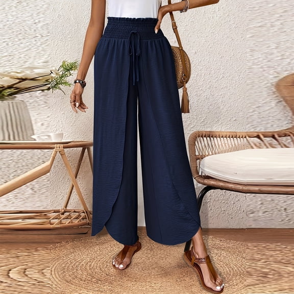 Women's Elastic Waist Wide Leg Pants, Irregular Hem Solid Color Loose Straight Leg Casual Trousers, Fashionable and Unique Design for Daily,Navy,S