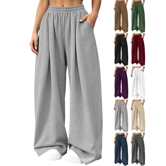 Women's Elastic Waist Wide Leg Sweatpants Loose Fit Solid Color Casual Lounge Workout Everyday Home Pants with Pockets