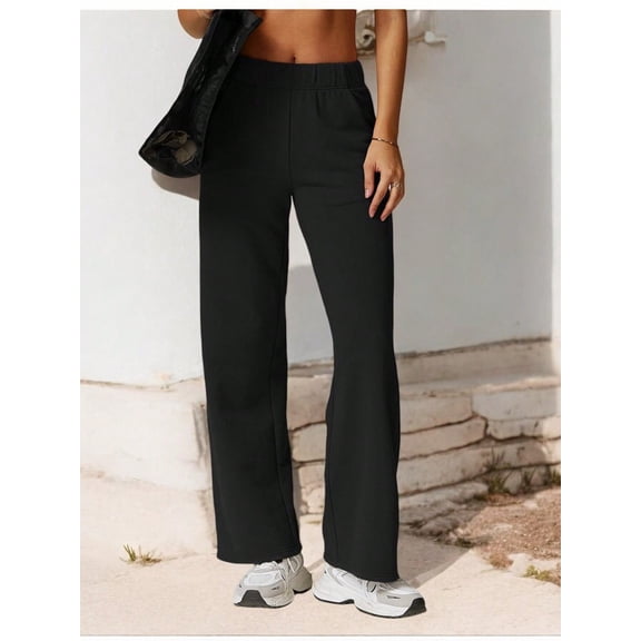 Women's Elastic Waist Wide Leg Sweatpants with Pockets for Lounge and Casual Wear- Large, Black