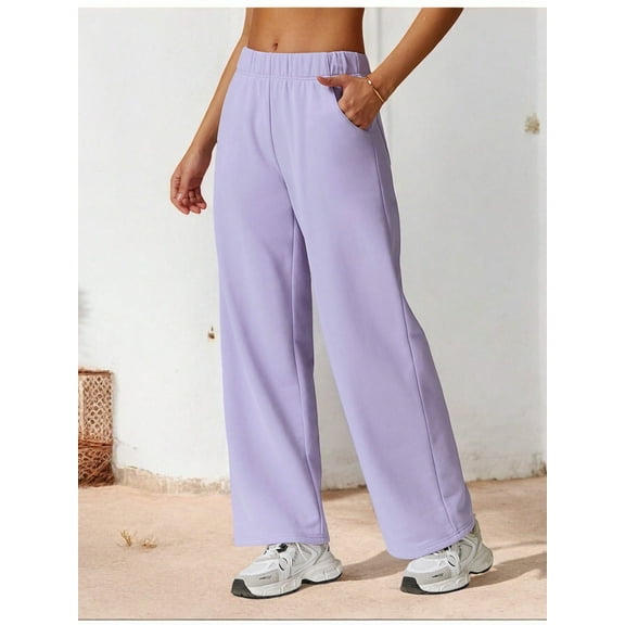 Women's Elastic Waist Wide Leg Sweatpants with Pockets for Lounge and Casual Wear- Large, Purple