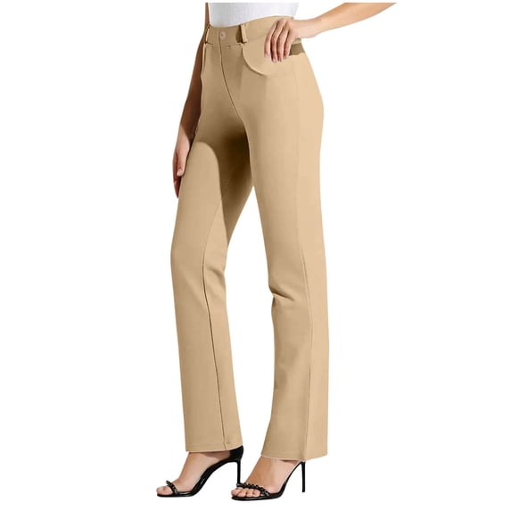 Women's Elastic Waist Work Pants Straight Leg Button Business Pants Soft Office Dressy Trousers with Pockets ,Khaki,3XL