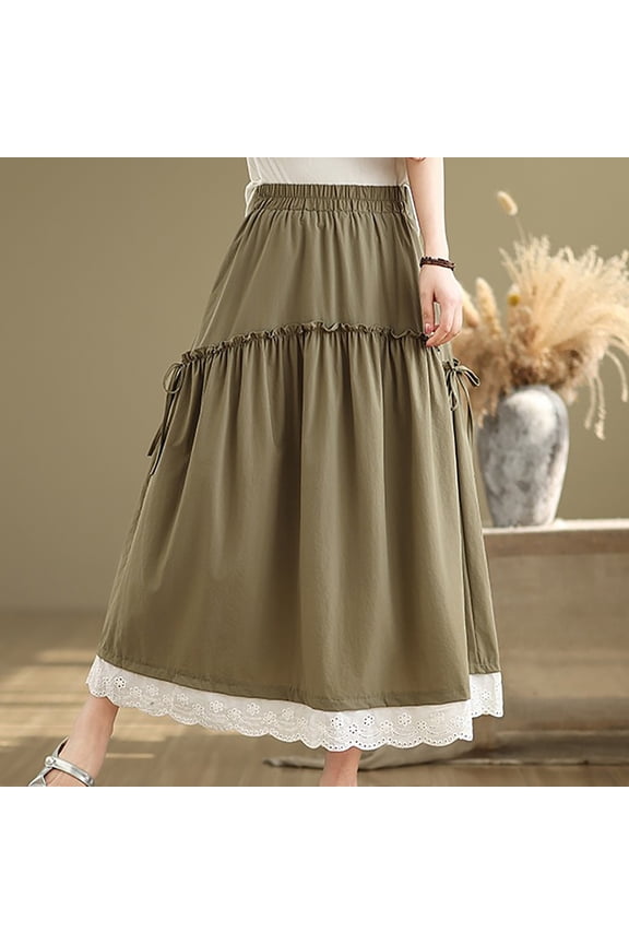 Women's Elastic Waistband Wood Ear Lace Patchwork Skirt High Waist A-line Versatile Mid Length Skirt Elastic High Waist Pleated Skirts Women's Gifts