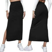 ROAONOCOMO Women's Elastic Waisted Split Thigh Rib Knit Long Maxi Bodycon Pencil Skirt
