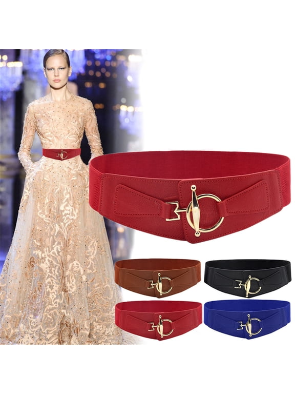 Women's Elastic Wide Waist Belt, Stretchable Buckle Belt for Dresses and Coats, Tummy Control Fashion Accessory for Casual and Evening Outfits-Black
