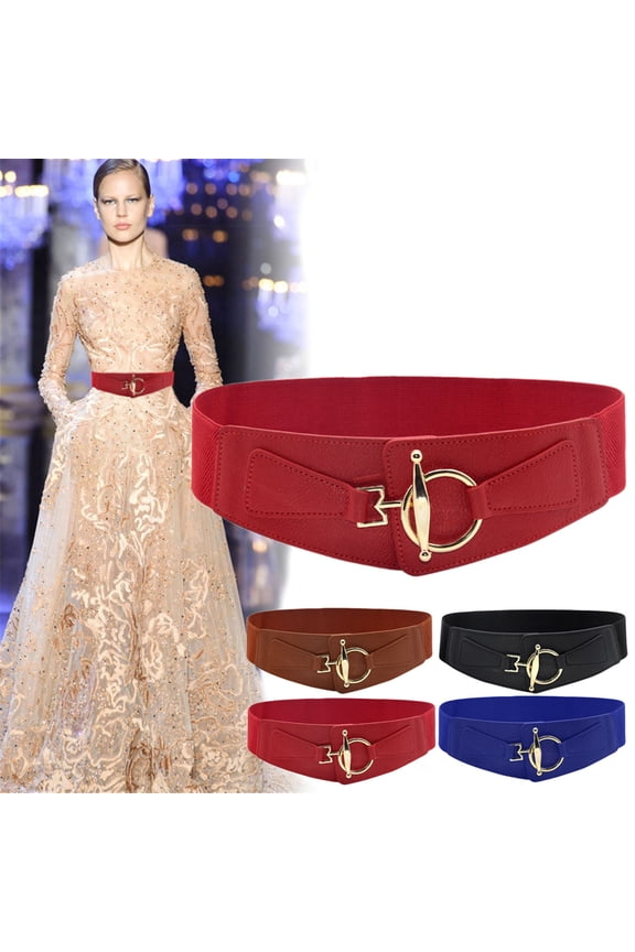 Women's Elastic Wide Waist Belt, Stretchable Buckle Belt for Dresses and Coats, Tummy Control Fashion Accessory for Casual and Evening Outfits-Black