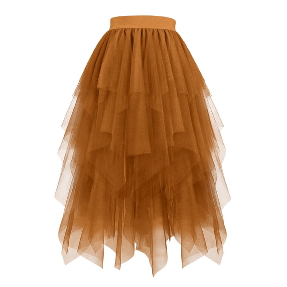 Women's Elasticated Waist Tulle Skirt High Low Irregular Mesh Layered Puffy Mid Long Skirts