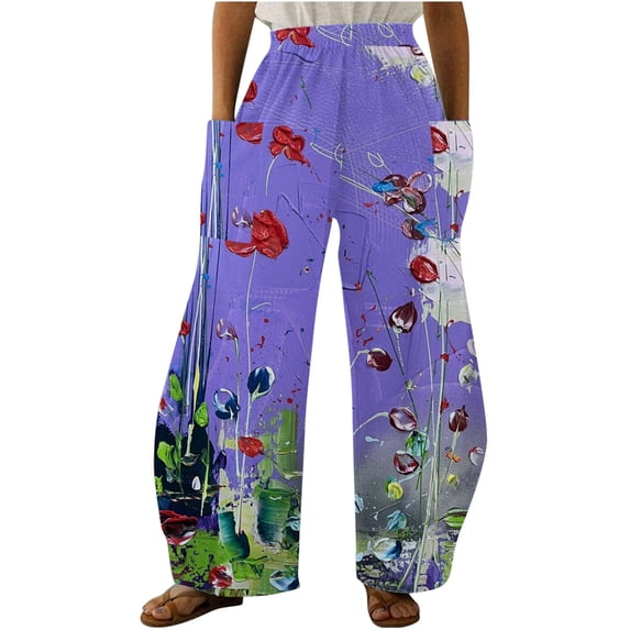 Women's Elastric Waist Wide Leg Pants Floral Printed Casual Trousers with Pockets 2023 Winter Loose-Fit Pants