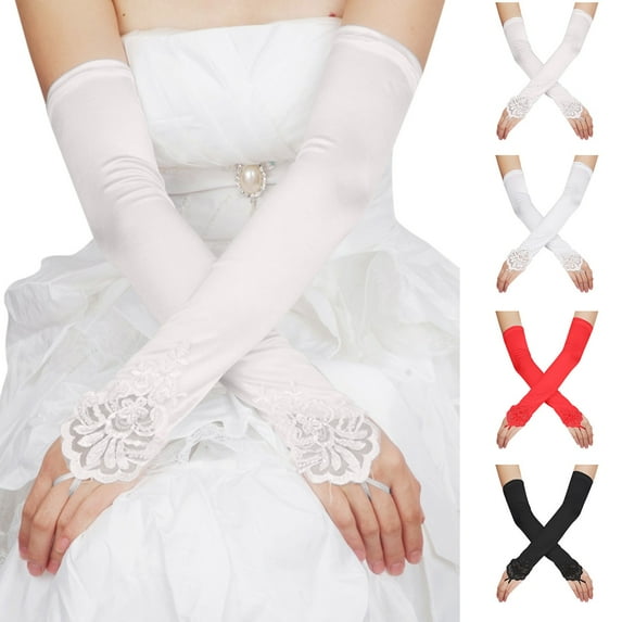 Women's Elbow Length Fingerless Gloves Stretch Satin Material Evening Party Wear with Elegant Detail