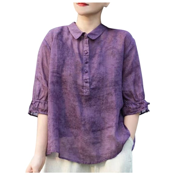 Women's Elbow Length Sleeve Blouse Collared Solid Color Top 3/4 Sleeve Casual Shirt Comfortable for Work or Weekend