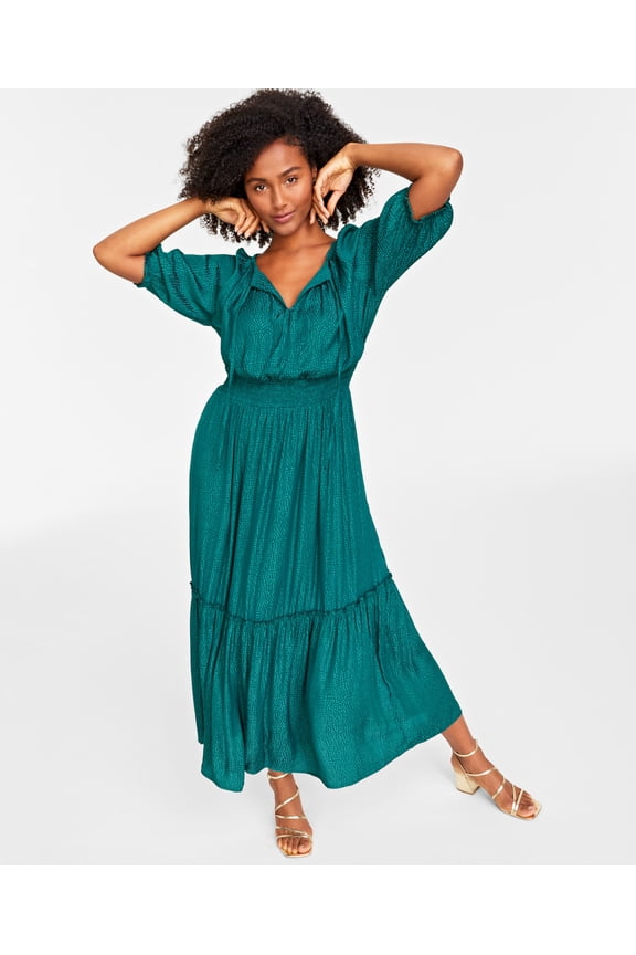 Women's Elbow-Sleeve Tiered Maxi Dress Dark Forest XS