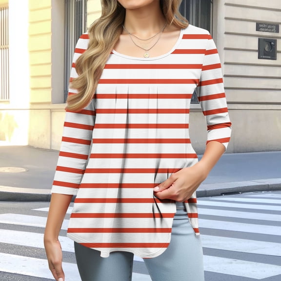 Women's Elbow Sleeves Top Round Neck Loose Fit Tee Casual Printed T-Shirt Red S