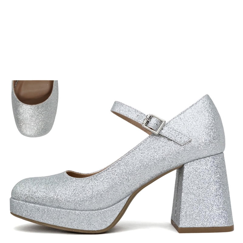 Women’s Elegance Silver Mary Jane Chunky Heel Pumps