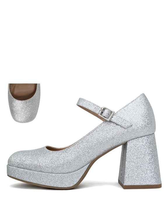 Women’s Elegance Silver Mary Jane Chunky Heel Pumps