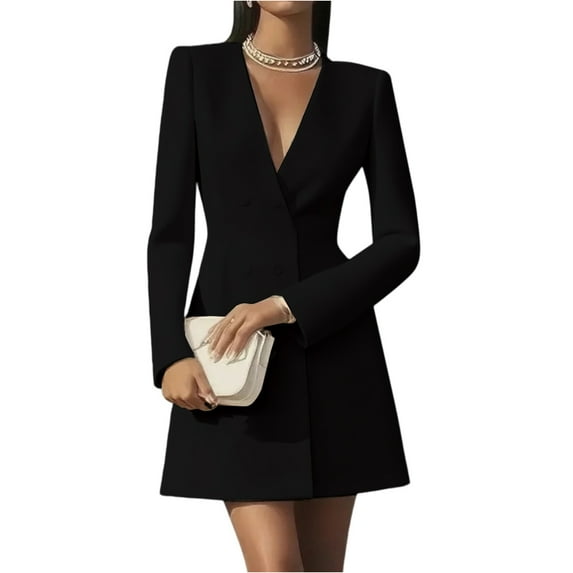 Women's Elegance Solid-Colour Long-Sleeved Double-Breasted V-Neck French- Suit Dress Slimming Office Dress for Career & Formal Events Black S