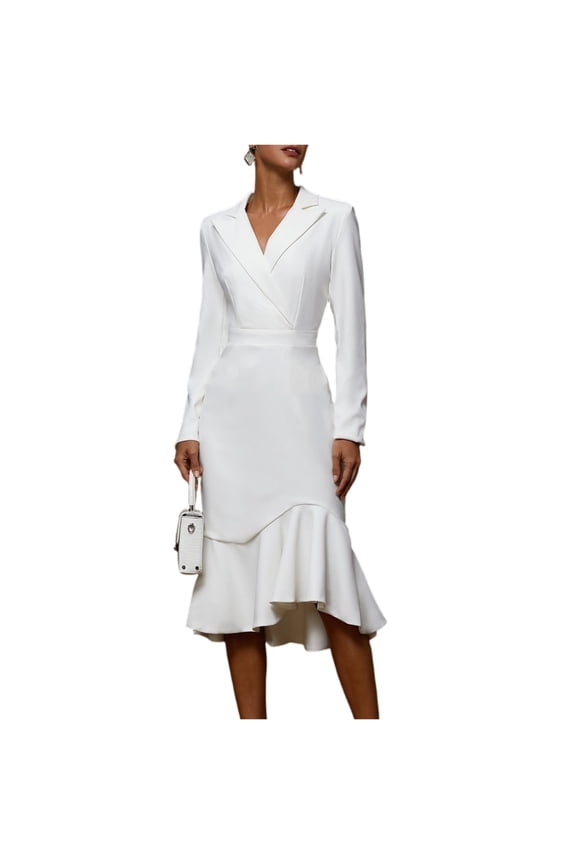 Women's Elegance Solid-Colour Long-Sleeved Suit Collar Waist-Defining Slim-Fit Bodycon Fishtail Dress Chic Career Dress for Interview, Office Holiday Party & Conference White 2XL