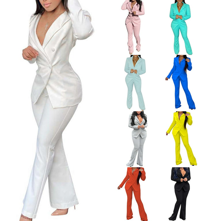 2 Pieces Women Suits Blue White Ladies Outfits Formal Business Party Jacket  Pant 