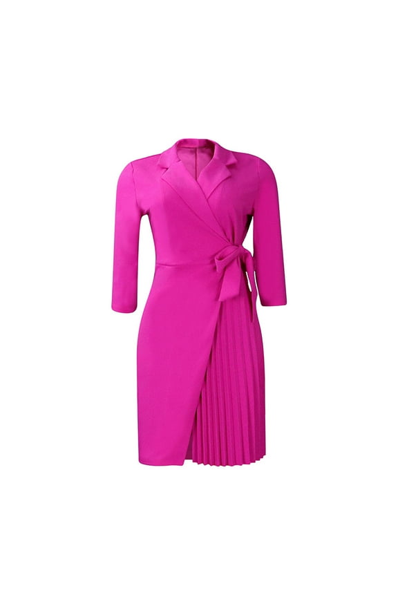 Women's Elegant 3/4 Sleeve Lapel Blazer Dress Fall Wrap Tie Side Pleated Wear To Work Pencil Dresses