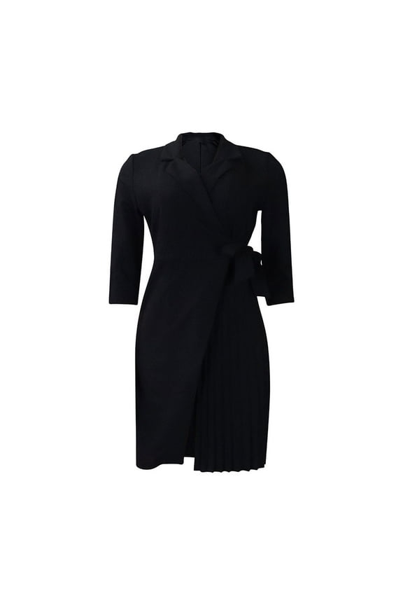 Women's Elegant 3/4 Sleeve Lapel Blazer Dress Fall Wrap Tie Side Pleated Wear To Work Pencil Dresses