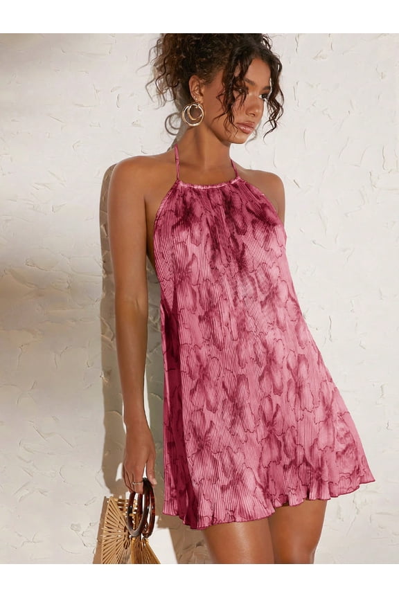 Women's Elegant Allover Floral Print Pleated Tie-Back Halter Summer Dress for Vacation, Beach, Wedding, Music Festival, Easter