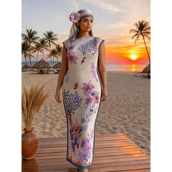 Women's Elegant Animal Print Long Dress Set, Slim-Fitting Moo Moo Skirt & Scarf, Beach Sun Protection Shawl, All Seasons Fashion